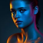 Portret van een vrouw in contrasterend blauw, oranje en roze licht